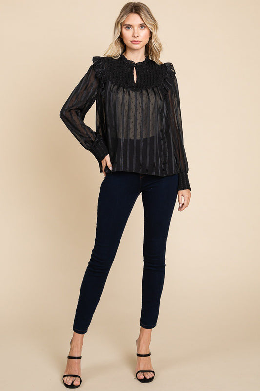 Sheer Blouse Ruffle Detail - Black